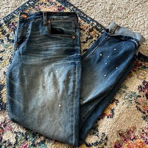 Boyfriend blue ripped jeans, paint splatter effect, size 5